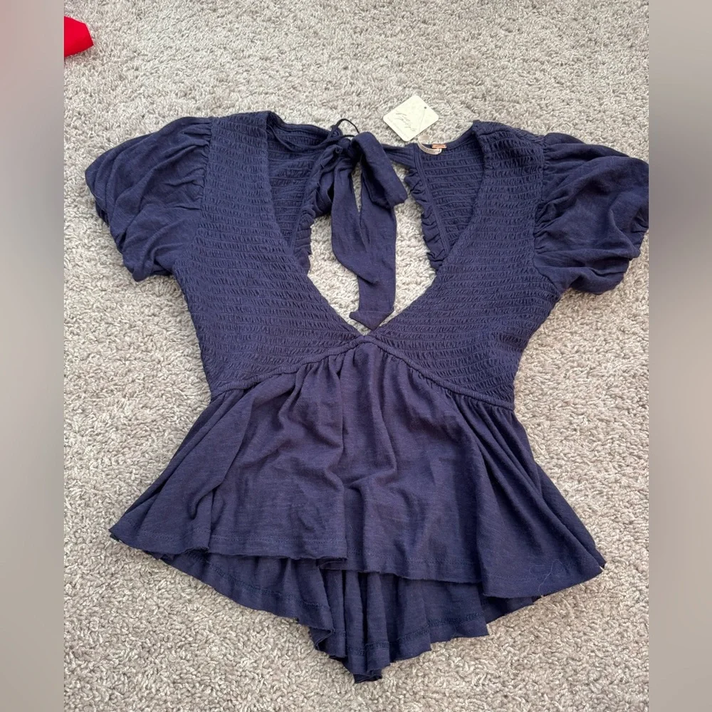 Free People Navy Smocked V-Neck Peplum Blouse